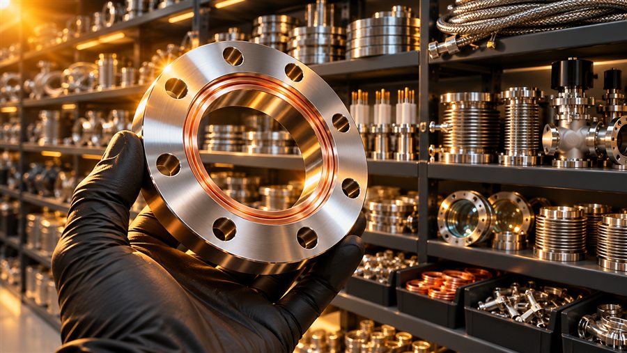 Gloved hand holding a conflat flange with copper gasket in front of shelves of vacuum components